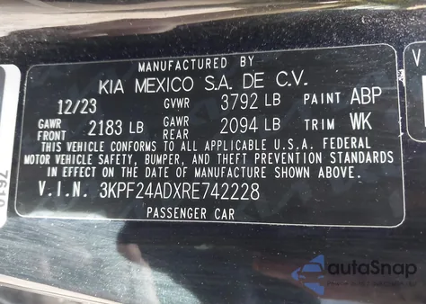 2024 Kia Forte Lxs из США, поврежденный, VIN 3KPF24ADXRE742228